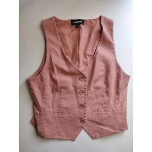 Express Pink Linen Blend V-Neck Button Front Sleeveless Vest Womens Size S
